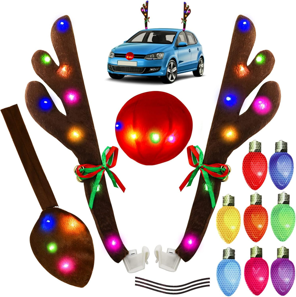 Reindeer Antlers for Cars, Christmas Reindeer Antlers Car Decoration Kit with Color LED Light, Car Decorations with Antlers, Red Nose, Tail, Bell, Reflective Bulb Lights Suitable for Any Cars