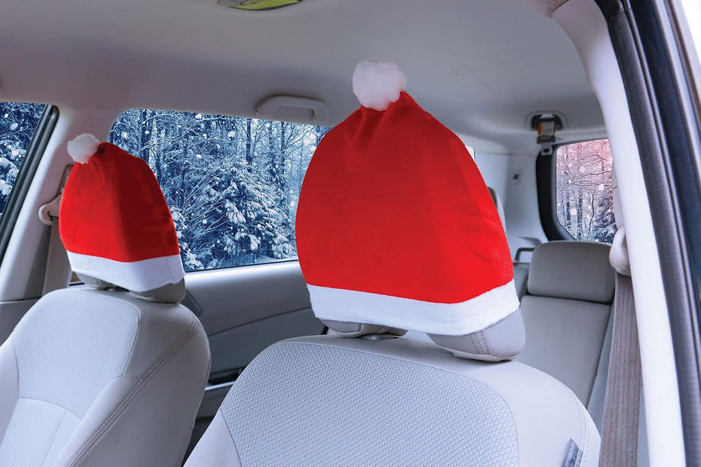 2 Pack Set Santa Hat Car Seat Headrest Covers as Cute Car Decor Interior Vehicle Accessories - Car Christmas Decorations for Auto - Functional Vehicle Decorations Christmas Design Fits Most Headrests